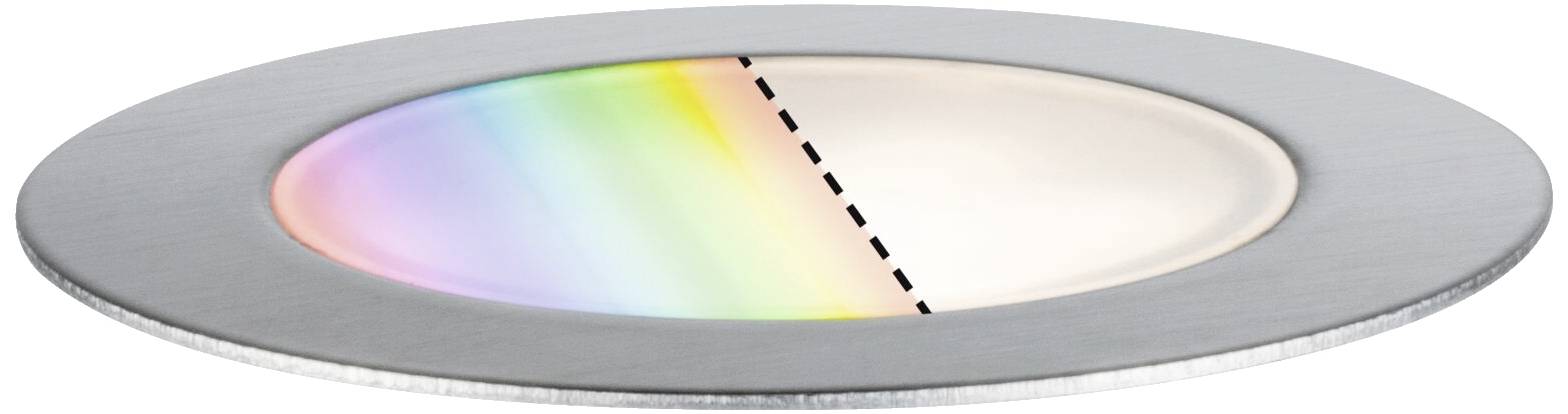 Ein Rundbogen zeigt links ein Regenbogenspektrum und rechts eine weiße Lichtquelle auf einer metallischen Oberfläche.