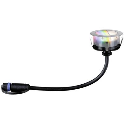 Eine runde LED-Bodenleuchte mit RGB-Beleuchtung, verbunden durch ein schwarzes Kabel mit einem blauen Anschluss.