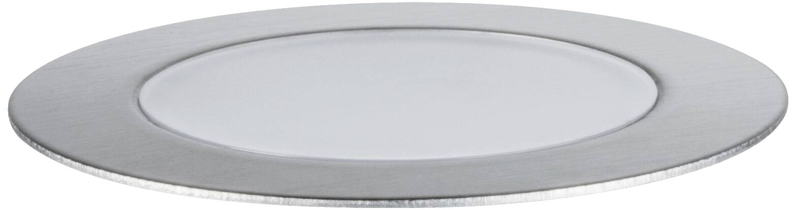 Ein flacher, runder LED-Einbaustrahler mit silbernem Rand und weißer Abdeckung, geeignet für Deckenmontage.