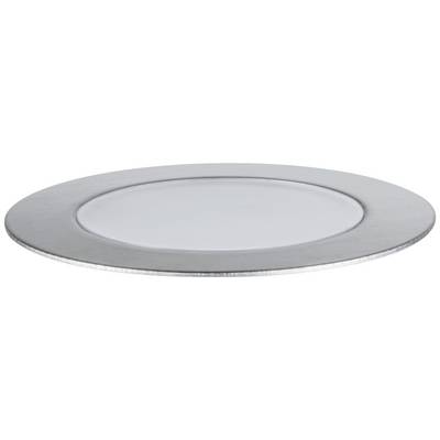 Ein flacher, runder LED-Einbaustrahler mit silbernem Rand und weißer Abdeckung, geeignet für Deckenmontage.
