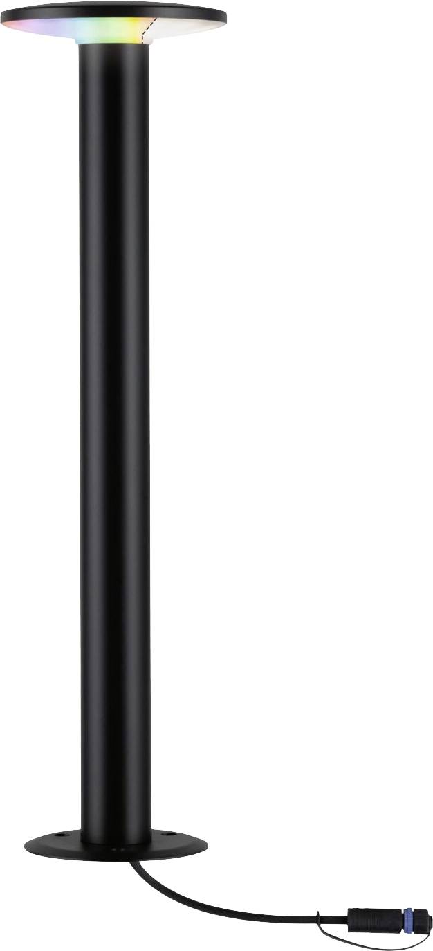 Eine schwarze Stehlampe mit rundem Sockel und einer leuchtenden Oberseite, die in verschiedenen Farben strahlt. Kabel mit Stecker an der Basis.