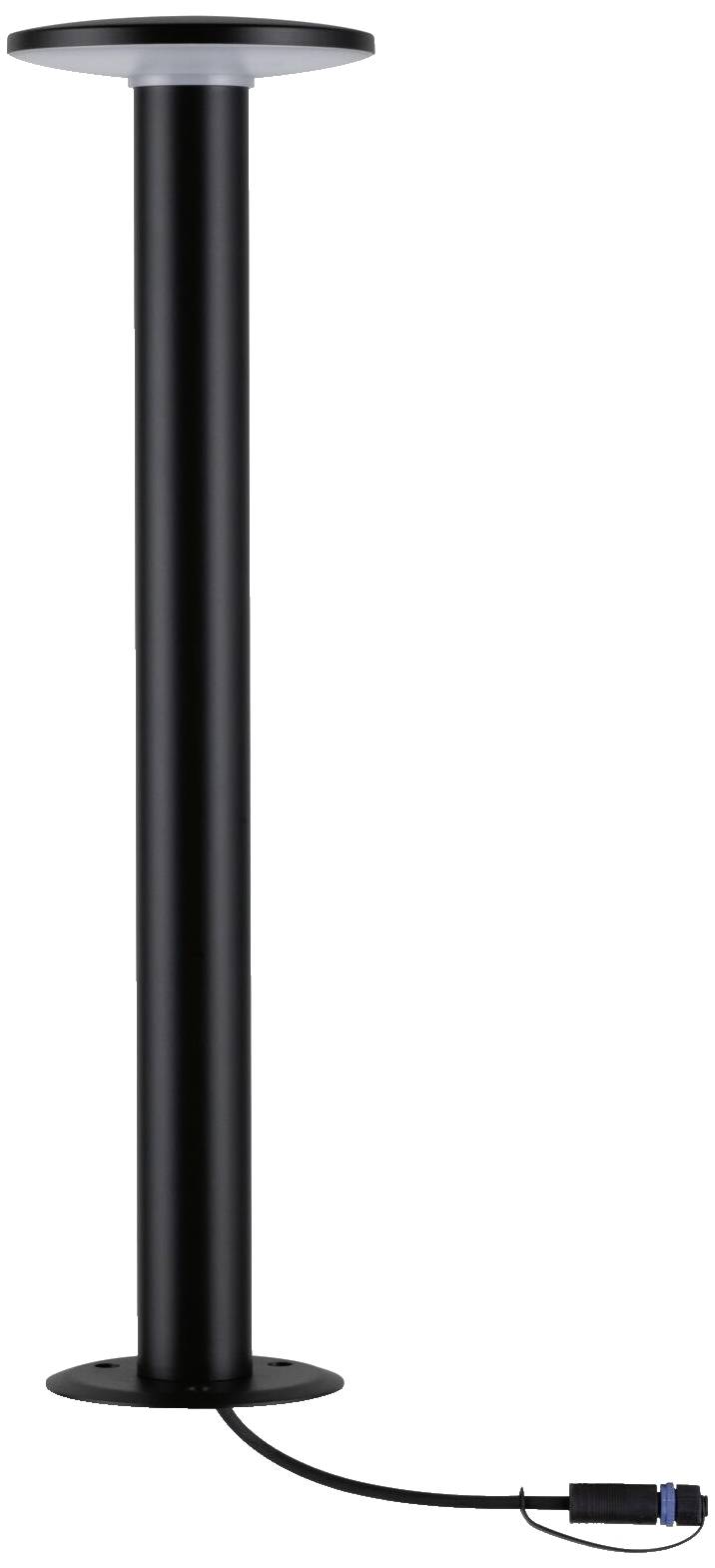 Schwarze, hohe, zylindrische Stehlampe mit rundem Lampenschirm oben; unten ist ein Kabel mit Stecker sichtbar.