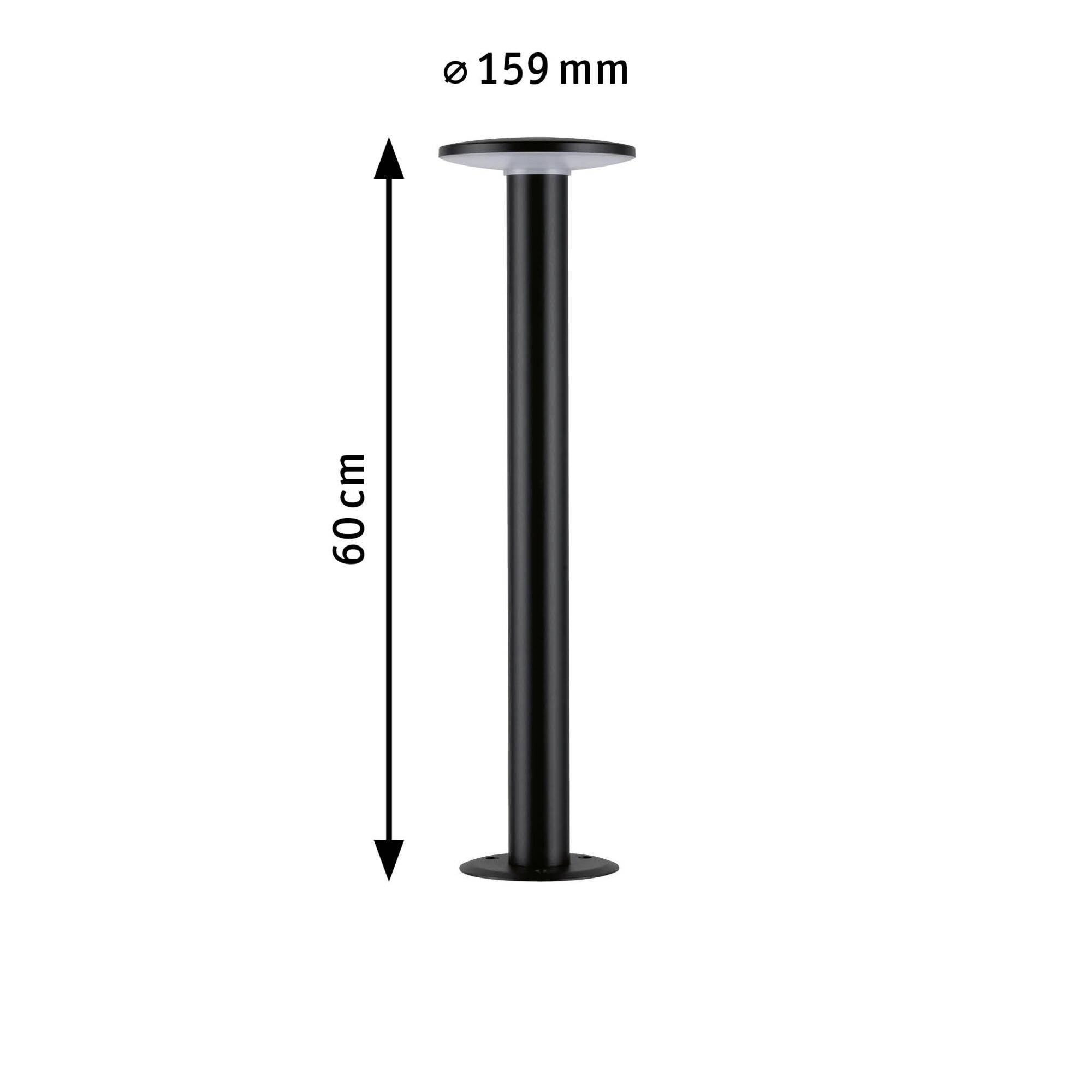 Schwarze Stehleuchte, 60 cm hoch, 159 mm Durchmesser, mit rundem Sockel und flachem Kopf.