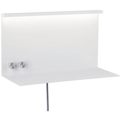 Weiße Wandleuchte mit zwei silbernen Drehknöpfen und integriertem Regal, dezente Beleuchtung, modernes schlichtes Design.