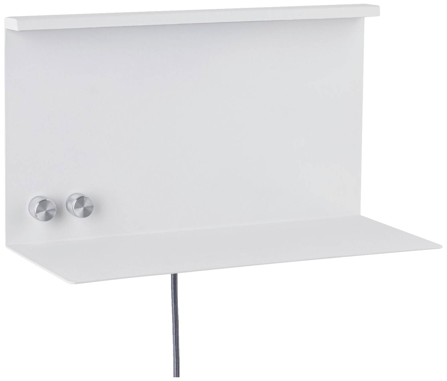 Weiße, minimalistische Wandablage mit zwei silbernen Knöpfen auf der linken Seite und einer hervorstehenden Ablagefläche.