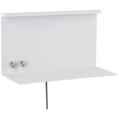 Weiße, minimalistische Wandablage mit zwei silbernen Knöpfen auf der linken Seite und einer hervorstehenden Ablagefläche.