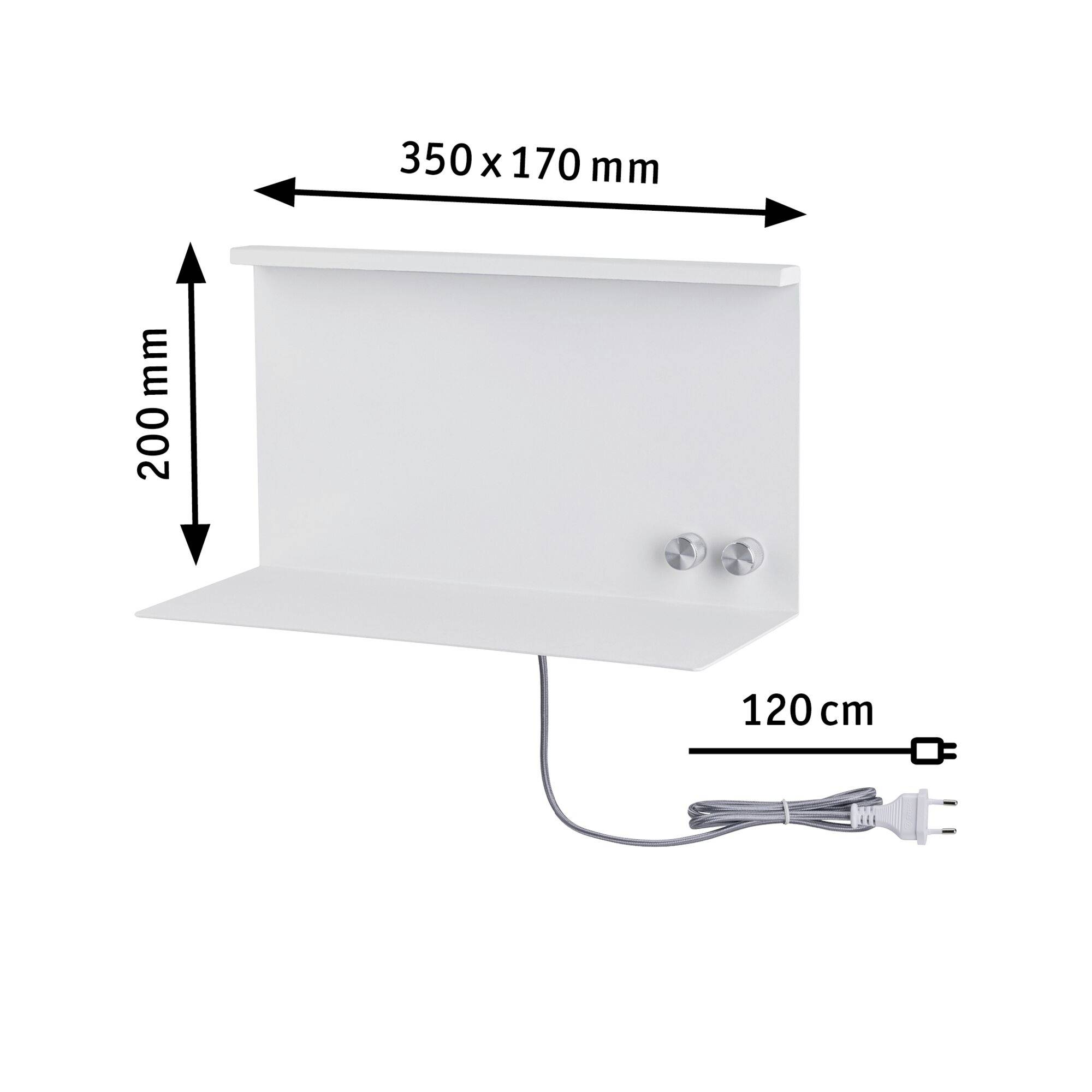 Weißes Wandregal mit den Maßen 350 x 170 x 200 mm. Es hat zwei Haken und ein 120 cm langes Stromkabel mit Stecker. Ideal zur Organisation.