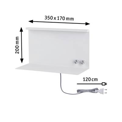 Weißes Wandregal mit den Maßen 350 x 170 x 200 mm. Es hat zwei Haken und ein 120 cm langes Stromkabel mit Stecker. Ideal zur Organisation.