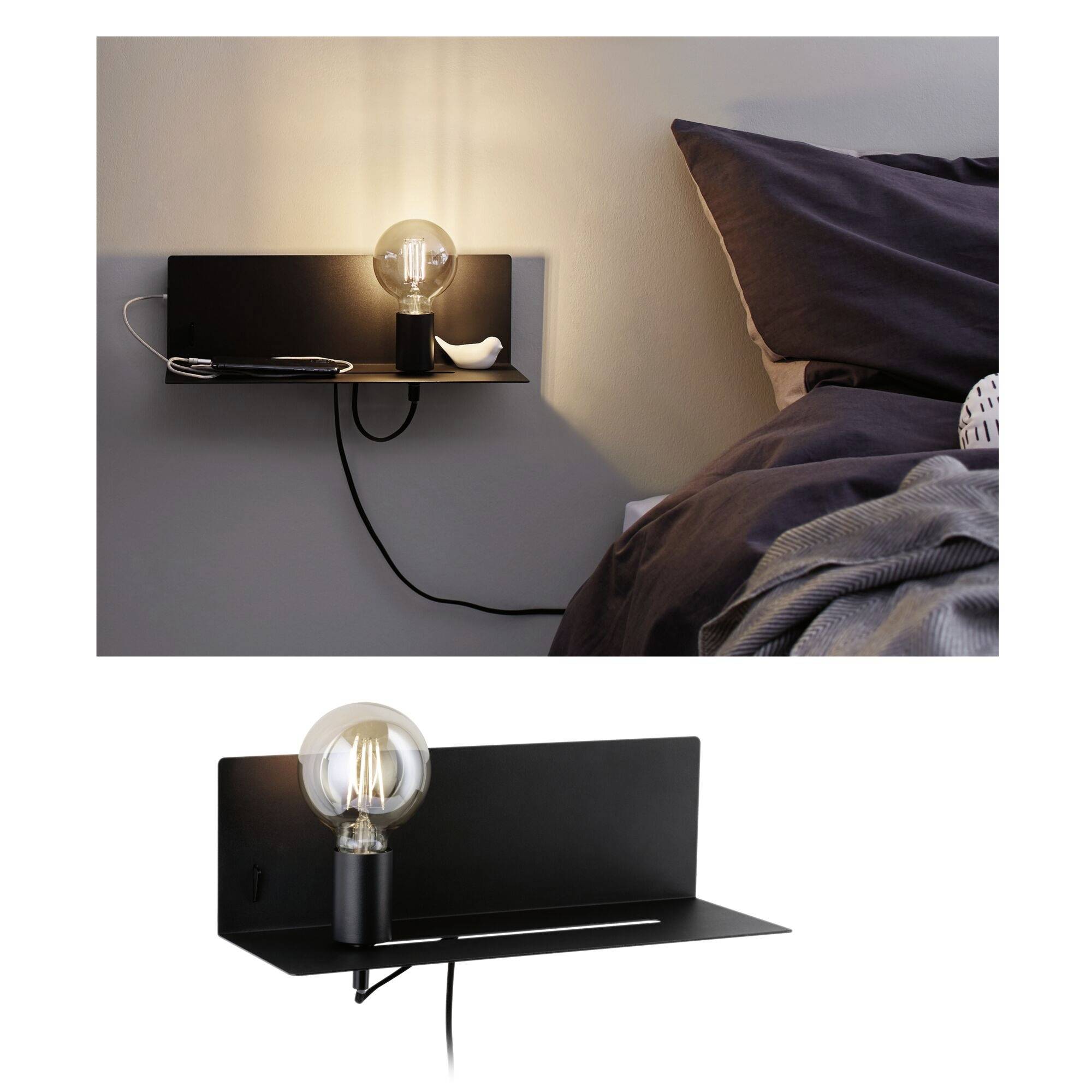 Eine moderne Nachttischlampe mit Glühbirne auf einem Regal neben einem Bett. Das Design ist minimalistisch mit einem schwarzen Regal.