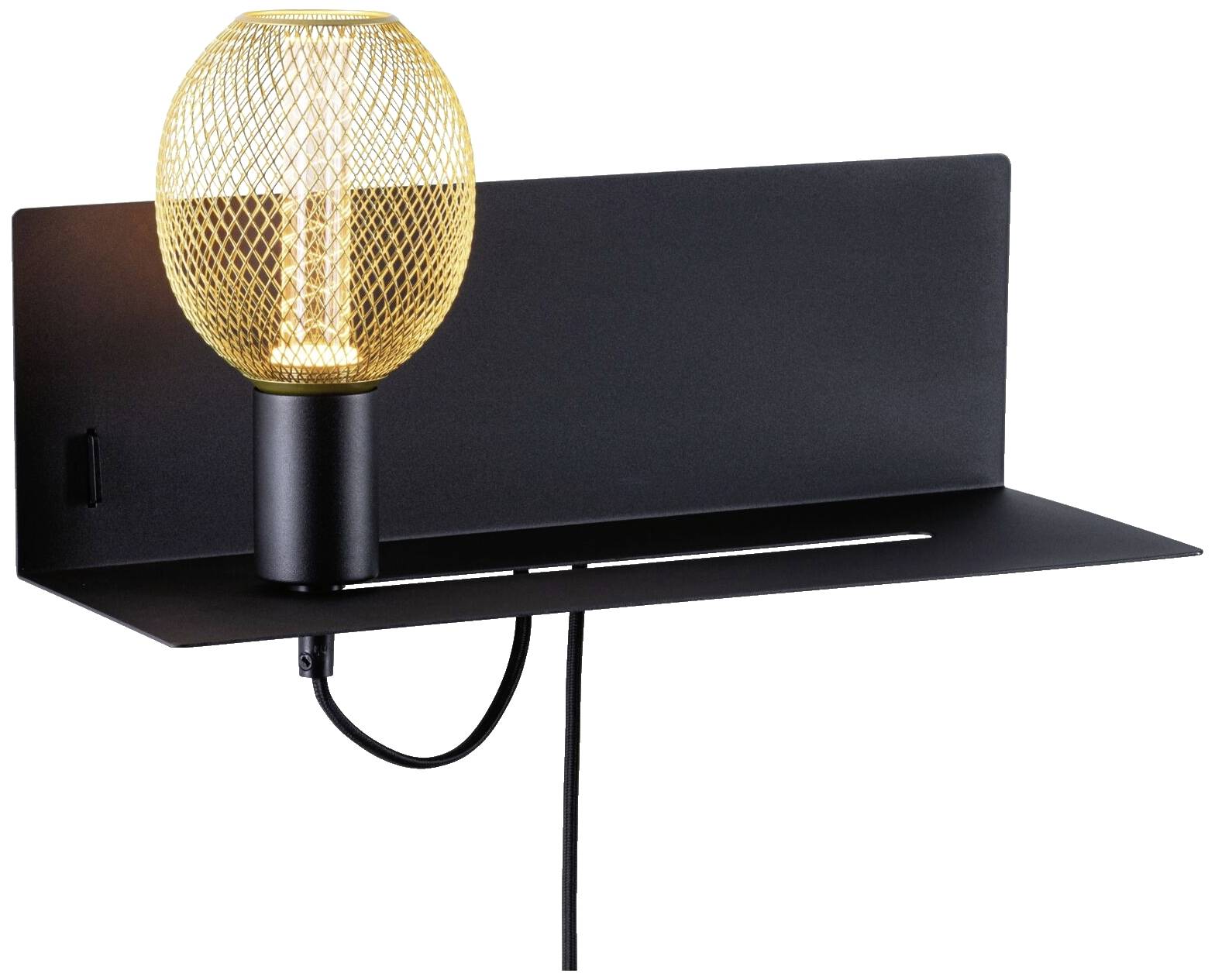 Moderne Wandlampe mit schwarzem rechteckigem Metallkörper und runder, vergoldeter Lampenabdeckung.