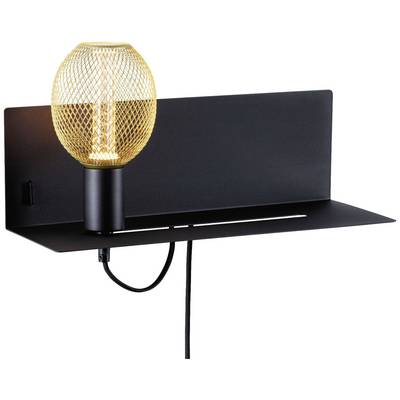 Moderne Wandlampe mit schwarzem rechteckigem Metallkörper und runder, vergoldeter Lampenabdeckung.