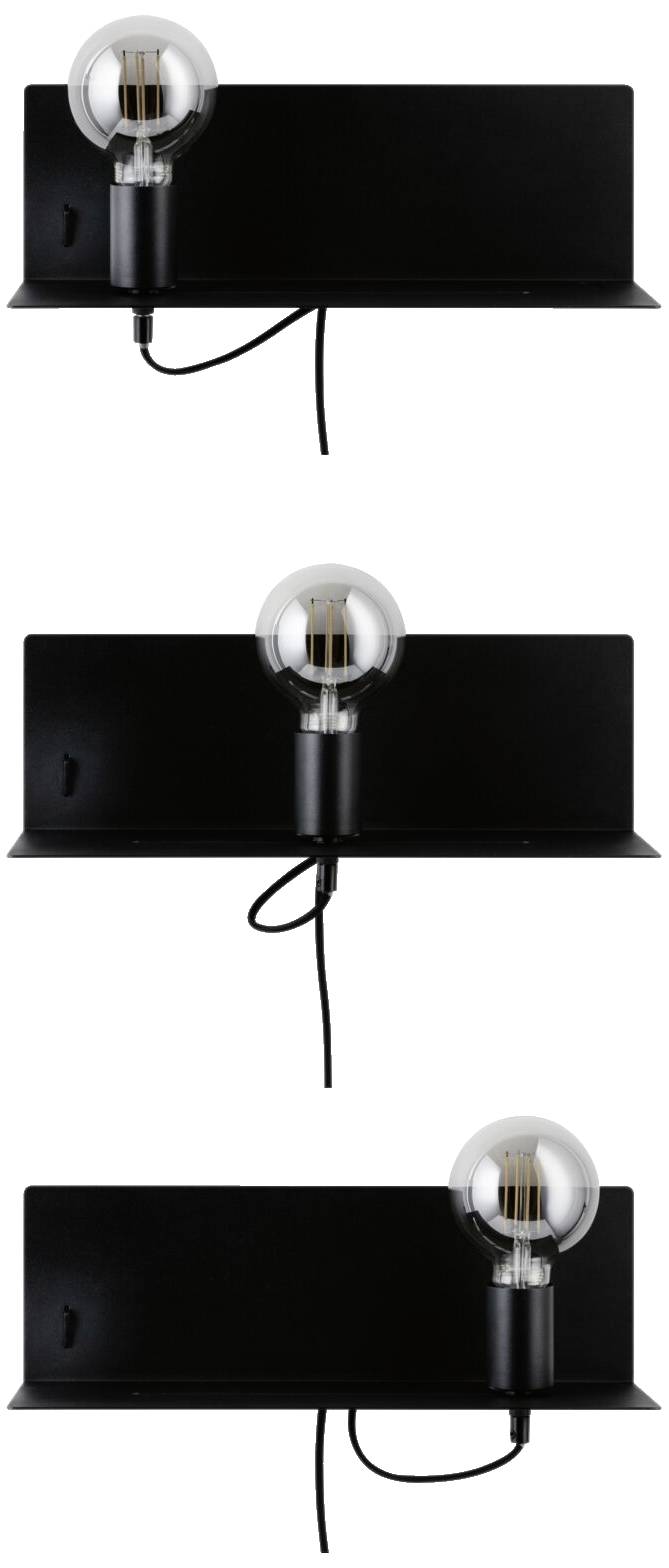 Drei schwarze Wandleuchten mit runden Glühbirnen und sichtbarem Kabel, in einer vertikalen Anordnung auf weißem Hintergrund.