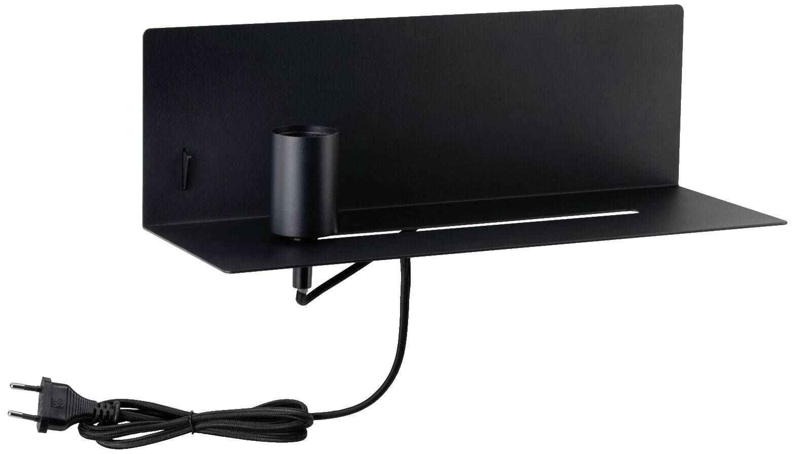 Schwarze Metall-Wandlampe mit eingebautem Regal, Steckdosenanschluss und vertikalem Lampensockel; minimalistisches Design.