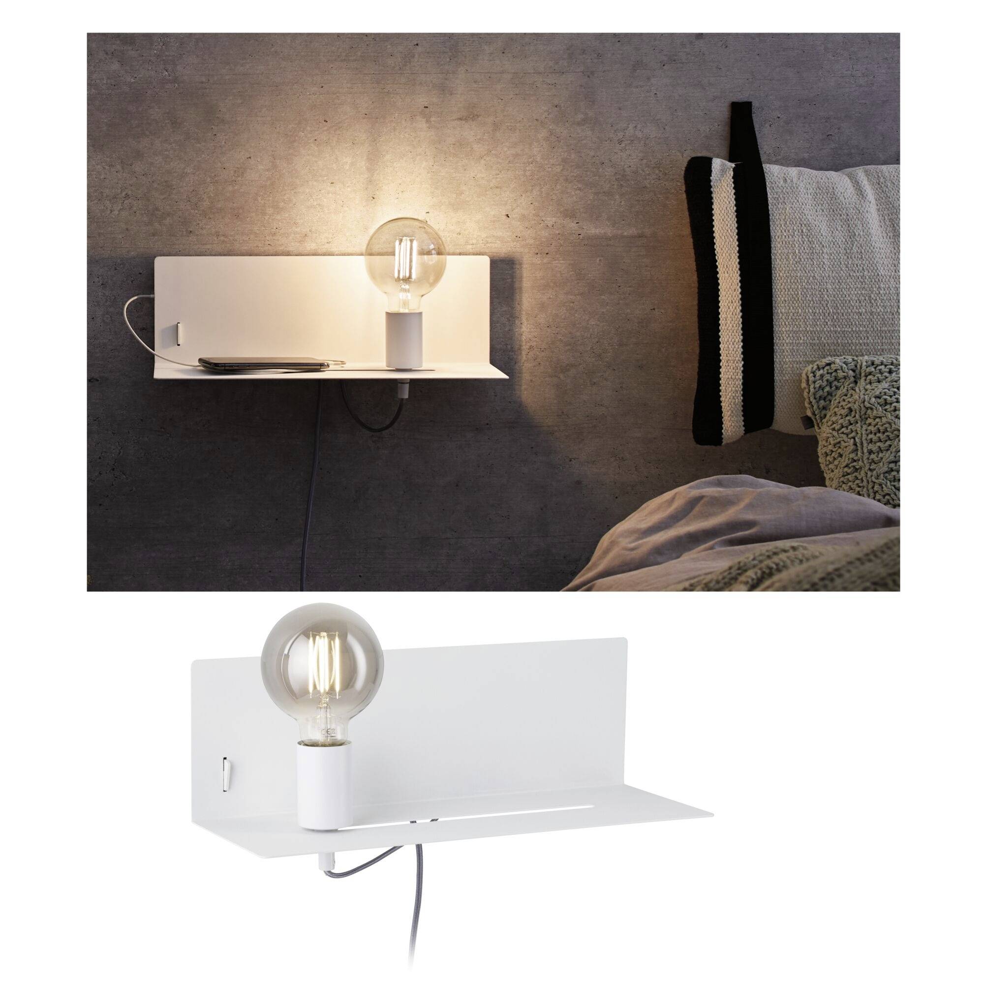 Wandleuchte mit Regal und integrierter Steckdose. Eine Glühbirne leuchtet über einem Regal, auf dem ein Smartphone ruht. Moderne Schlafzimmerumgebung.