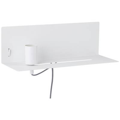 Weiße, wandmontierte Metallhülle mit zylindrischem Lampenhalter und herausragendem Stromkabel. Minimalistisches Design.