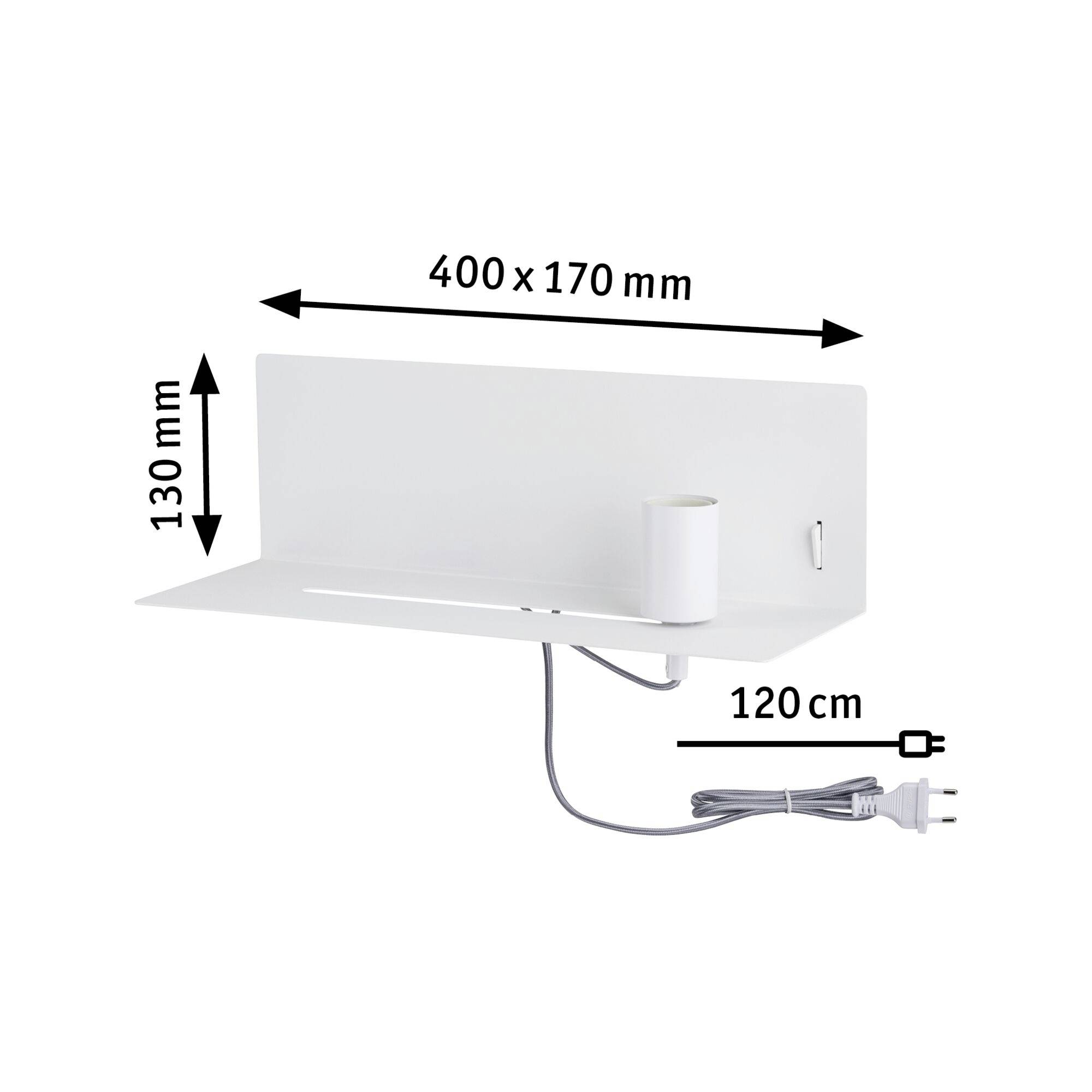Metallregal in Weiß, Maße 400 x 170 mm, Höhe 130 mm, mit integrierter Zylinderhalterung und einem 120 cm langen Kabel mit Stecker.