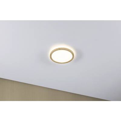 Runde Deckenleuchte mit hellem Schein, montiert an einer weißen Decke mit beiger Wand im Hintergrund.