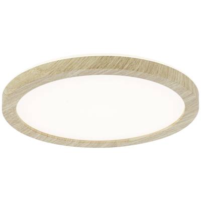 Runde Deckenleuchte mit Holzrahmen und weißem Diffusor, strahlt weiches, gleichmäßiges Licht aus. Ideal für moderne Raumgestaltung.
