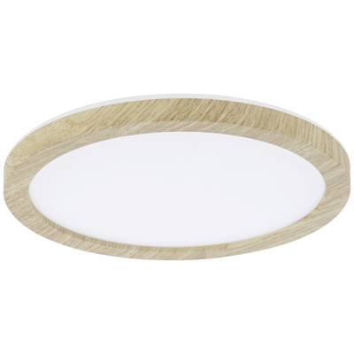 Deckenleuchte mit rundem Holzrahmen und weißem Lichtpanel; modernes Design für Wohn- oder Arbeitsräume.