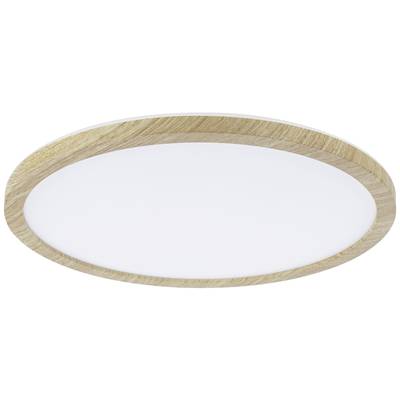 Runde LED-Deckenleuchte mit Holzrahmen, eignet sich für moderne Wohnräume.