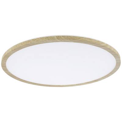 Runde LED-Deckenleuchte mit Holzrahmen. Sie bietet gleichmäßige Beleuchtung und modernes Design für Wohnräume.