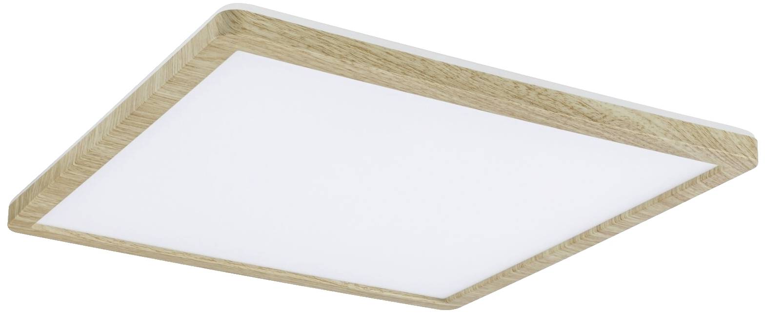 Rechteckige LED-Deckenleuchte mit Holzrahmen und weißer Leuchtfläche. Modernes Design für eine stilvolle Raumbeleuchtung.