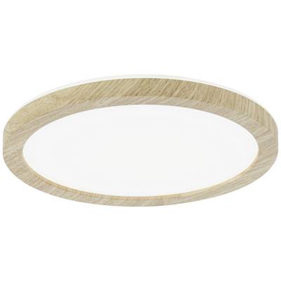 Runde Deckenleuchte mit holzähnlichem Rahmen und weißem Lichtdiffusor, schlichtes Design für moderne Innenräume.