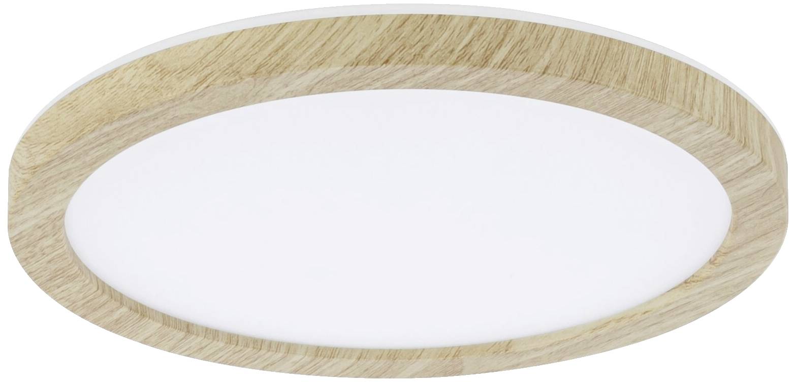 Runde Deckenleuchte mit Holzrahmen und weißem, flachem Diffusor, ideal für moderne, skandinavische Inneneinrichtungen.