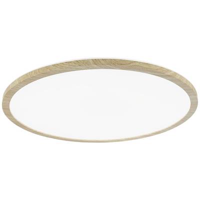 Runde, flache, moderne Deckenleuchte mit Holzrahmen, passend für minimalistische Einrichtung.