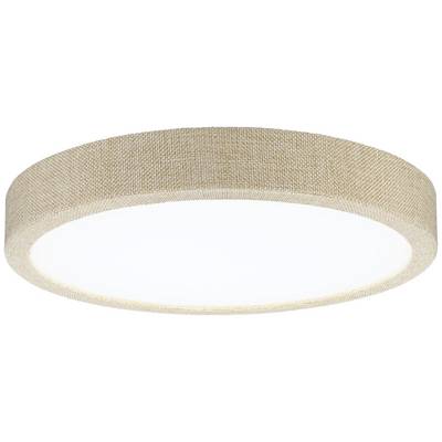 Rundförmige Deckenleuchte mit beigem Stoffbezug und weißem Lichtdiffuser, geeignet für moderne Wohnräume oder Büros.