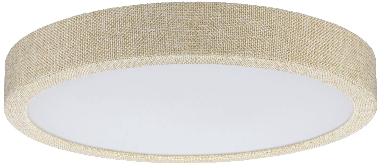 Runde Deckenleuchte mit Textilrand in Beige. Elegant und schlicht, geeignet für moderne Innenräume.