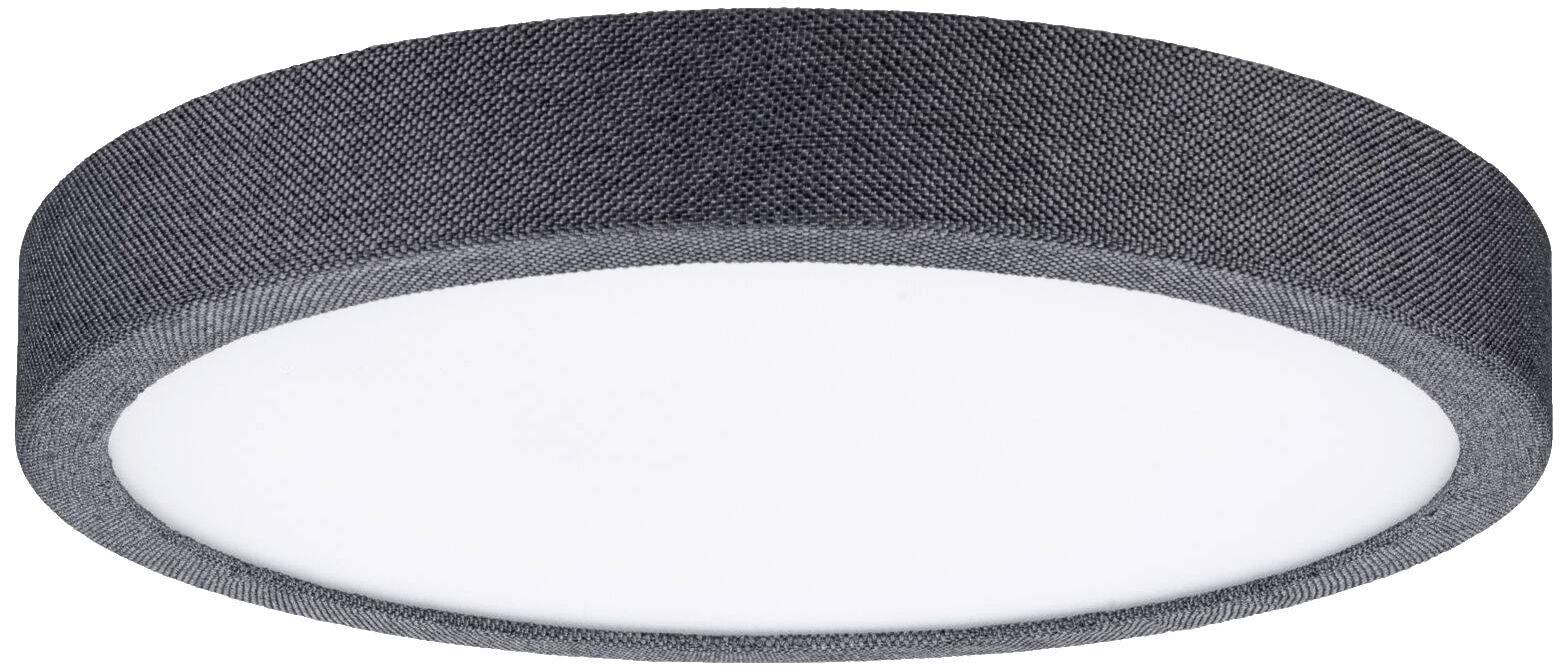 Eine runde, flache LED-Deckenleuchte mit grauem Rahmen und weißem Diffusor. Sie hat ein modernes, minimalistisches Design.