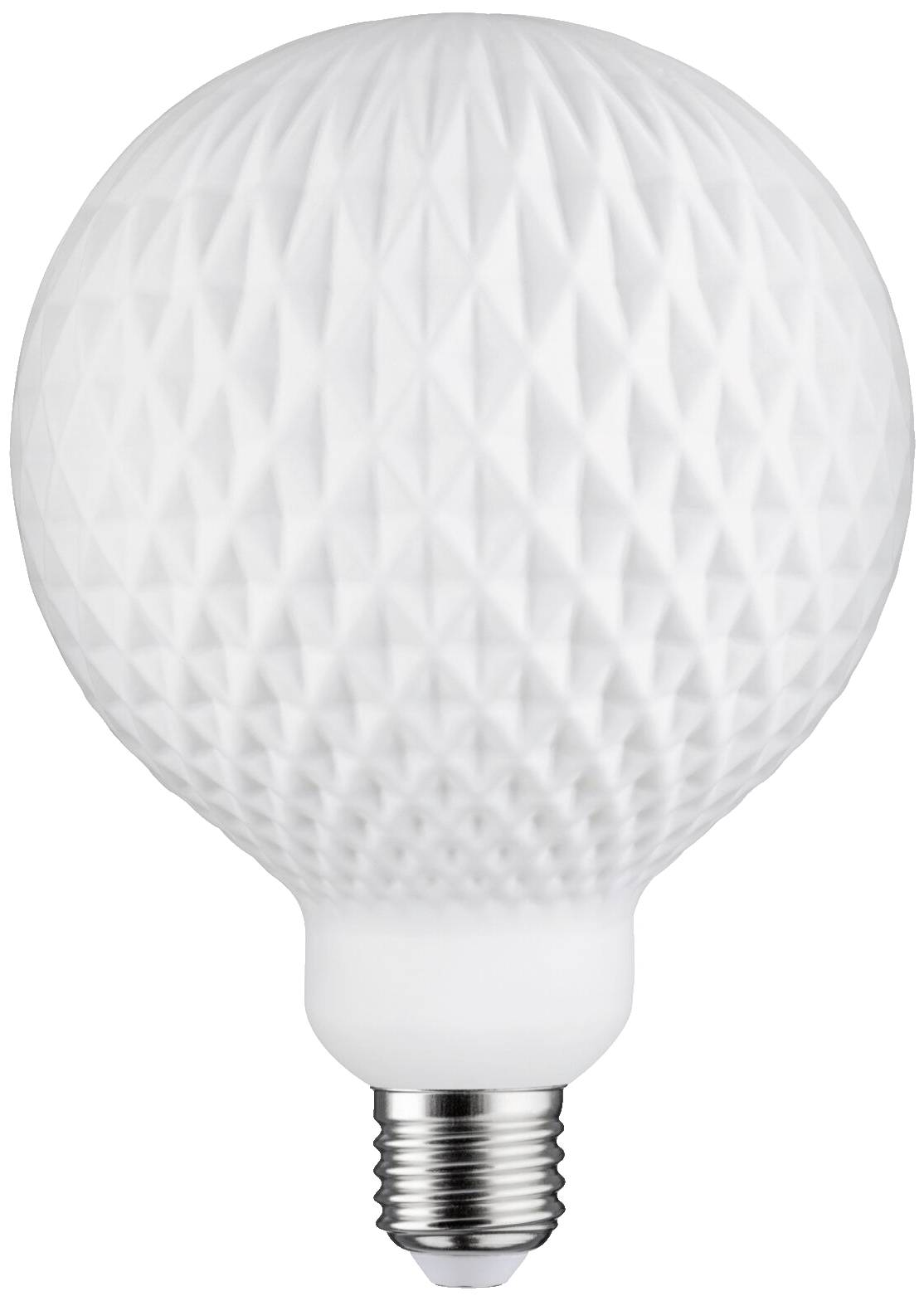 Große, weiße LED-Glühbirne mit geometrischem Muster auf der Oberfläche, zeigt moderne Designästhetik und energiesparende Technologie.