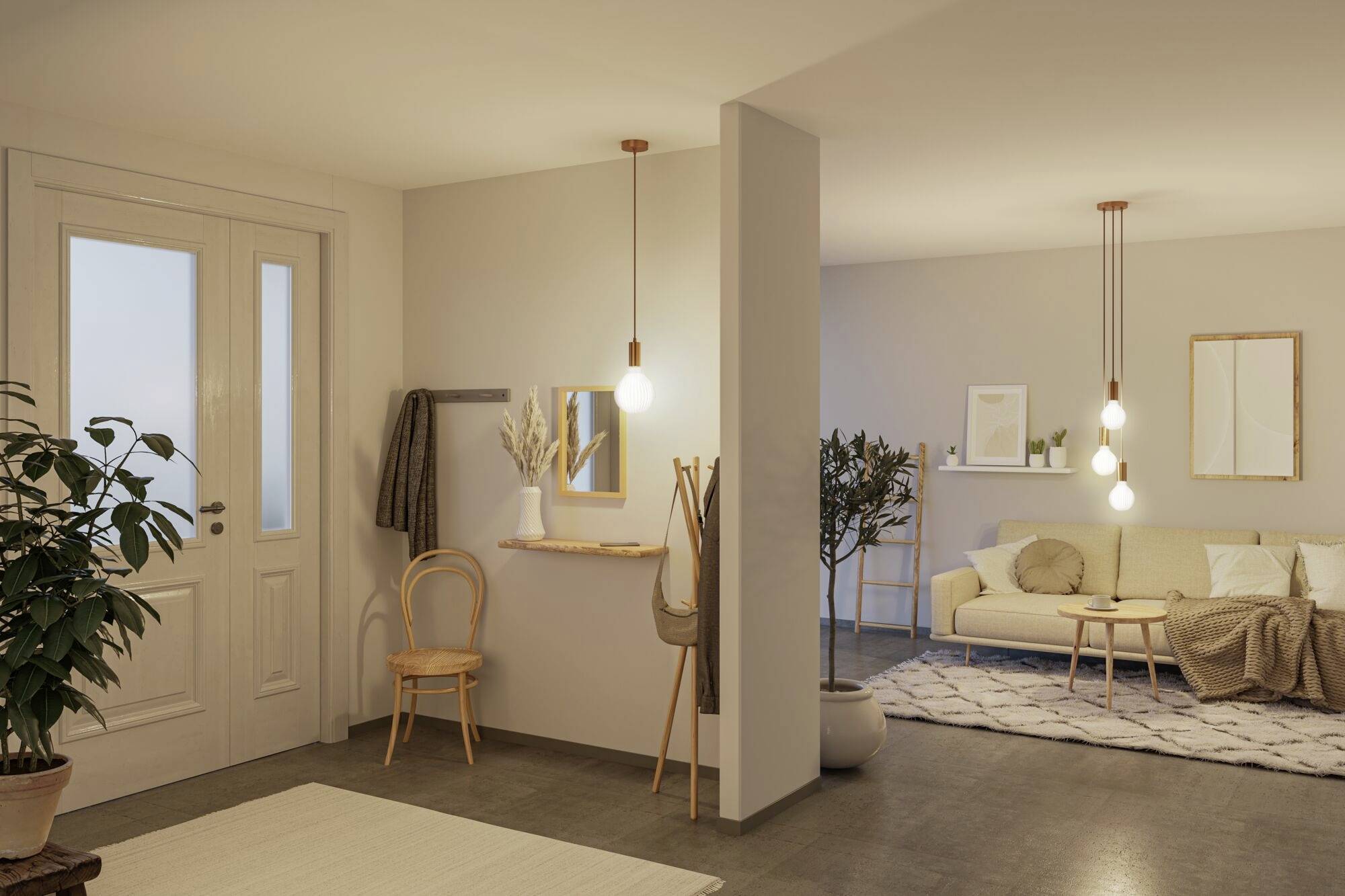 Gemütliches Wohnzimmer mit Sofa, Tisch und Hängelampen. Rechts Pflanze, links Eingangstür. Warme, einladende Beleuchtung.