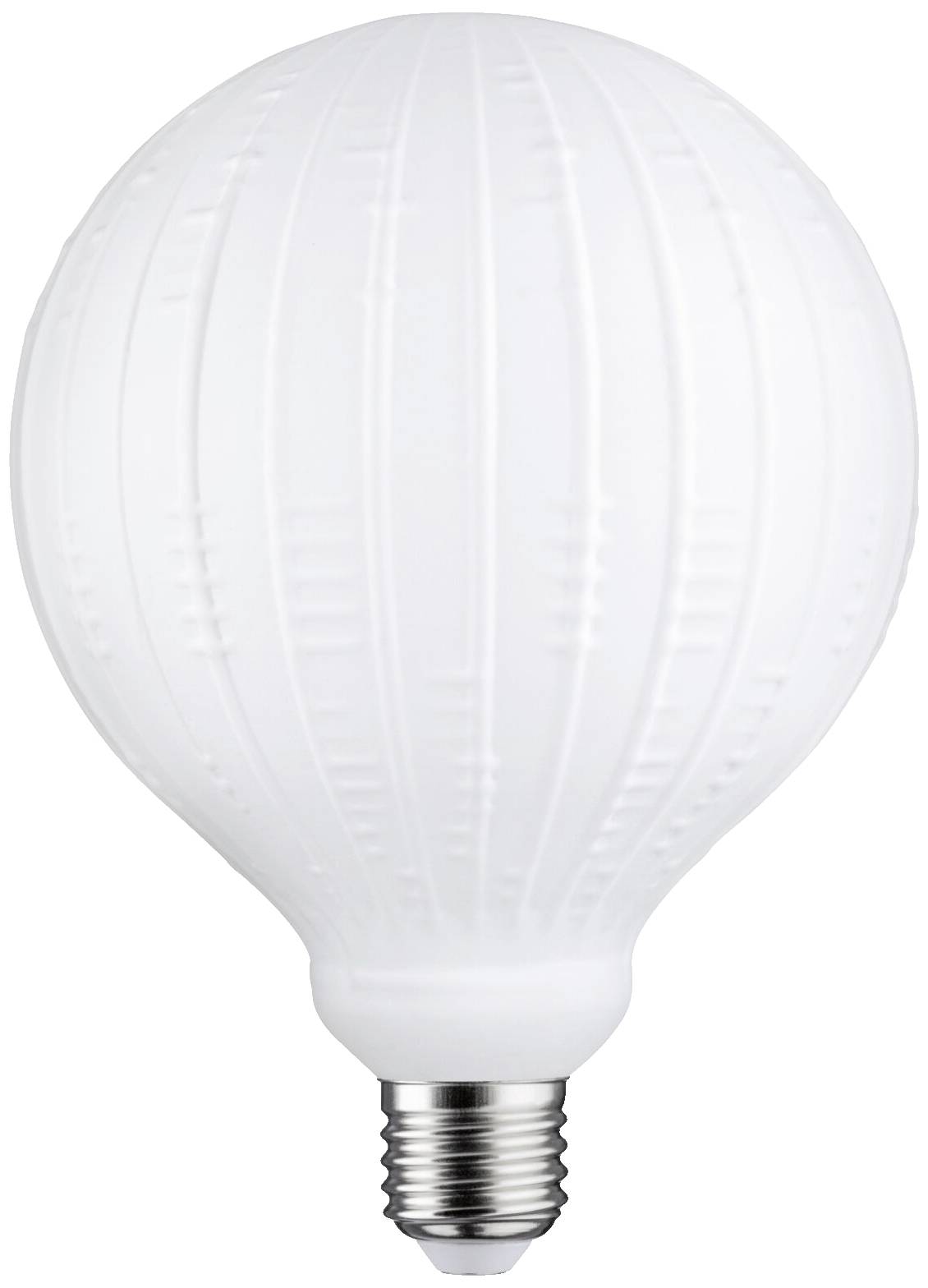 Eine runde, matte Glühbirne mit Standardgewinde, lichtlos. Sie hat eine strukturierte Oberfläche und ist für normale Leuchten geeignet.