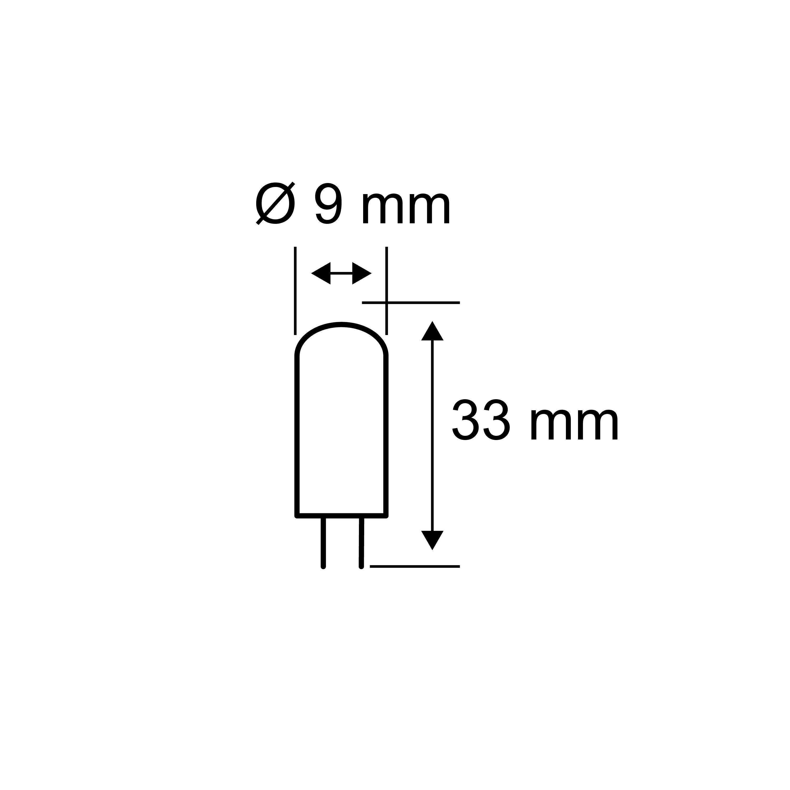 Diagramm zeigt Maße eines zylindrischen Objekts: Höhe 33 mm, Durchmesser 9 mm. Draufsicht mit Bemaßungslinien dargestellt.