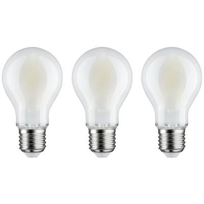 Drei identische Glühlampen nebeneinander, jeweils mit einem Schraubsockel.