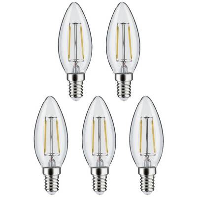 Fünf klare LED-Glühbirnen mit Filament in Kerzenform, geeignet für dekorative Leuchten. Energiesparend und langlebig.