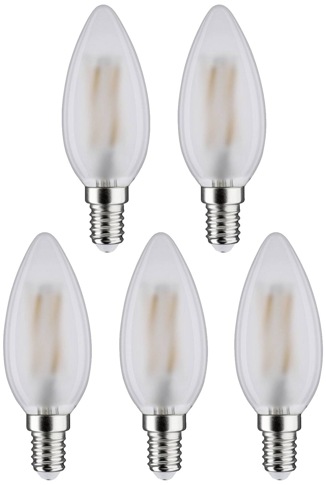Fünf LED-Glühbirnen mit Kerzenform auf weißem Hintergrund. Sie sind gleich angeordnet und zeigen ihre Schraubfassungen nach unten.
