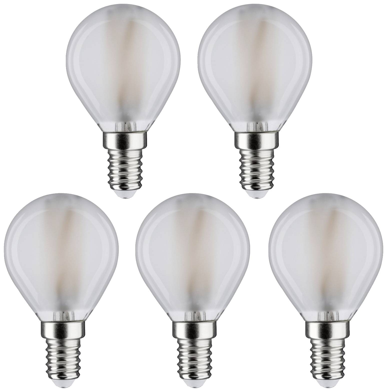 Fünf gleichartige LED-Glühbirnen mit klarer Glashülle und E14-Fassung sind symmetrisch angeordnet. Sie wirken energiesparend und modern.