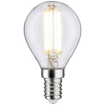 Eine LED-Glühbirne mit E14-Sockel, klares Glas und sichtbaren Filamenten, die ein warmes Licht ausstrahlt.