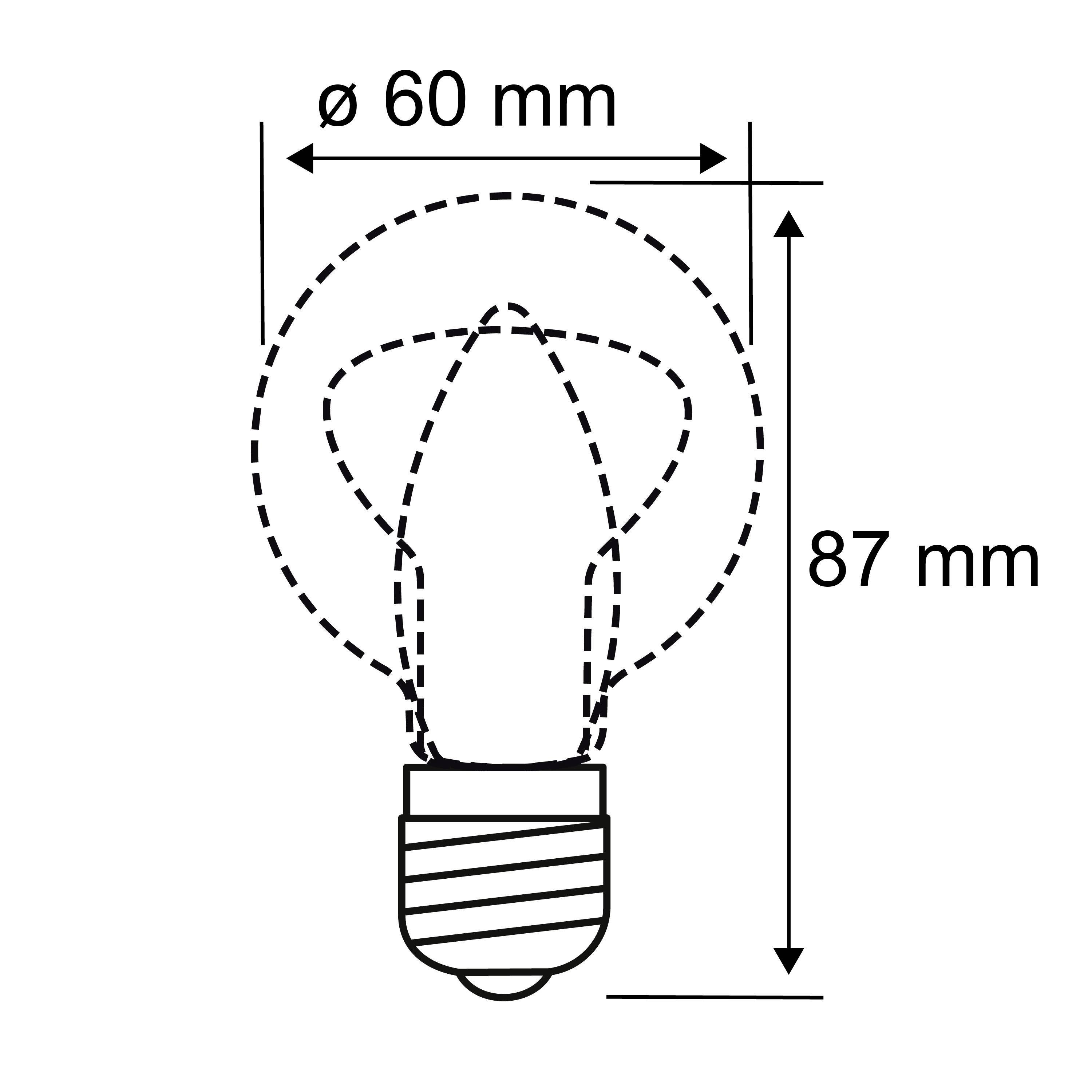 Eine Glühlampe mit den Maßen: Durchmesser 60 mm, Höhe 87 mm. Die Abbildung zeigt die Form und genaue Dimensionen der Lampe.