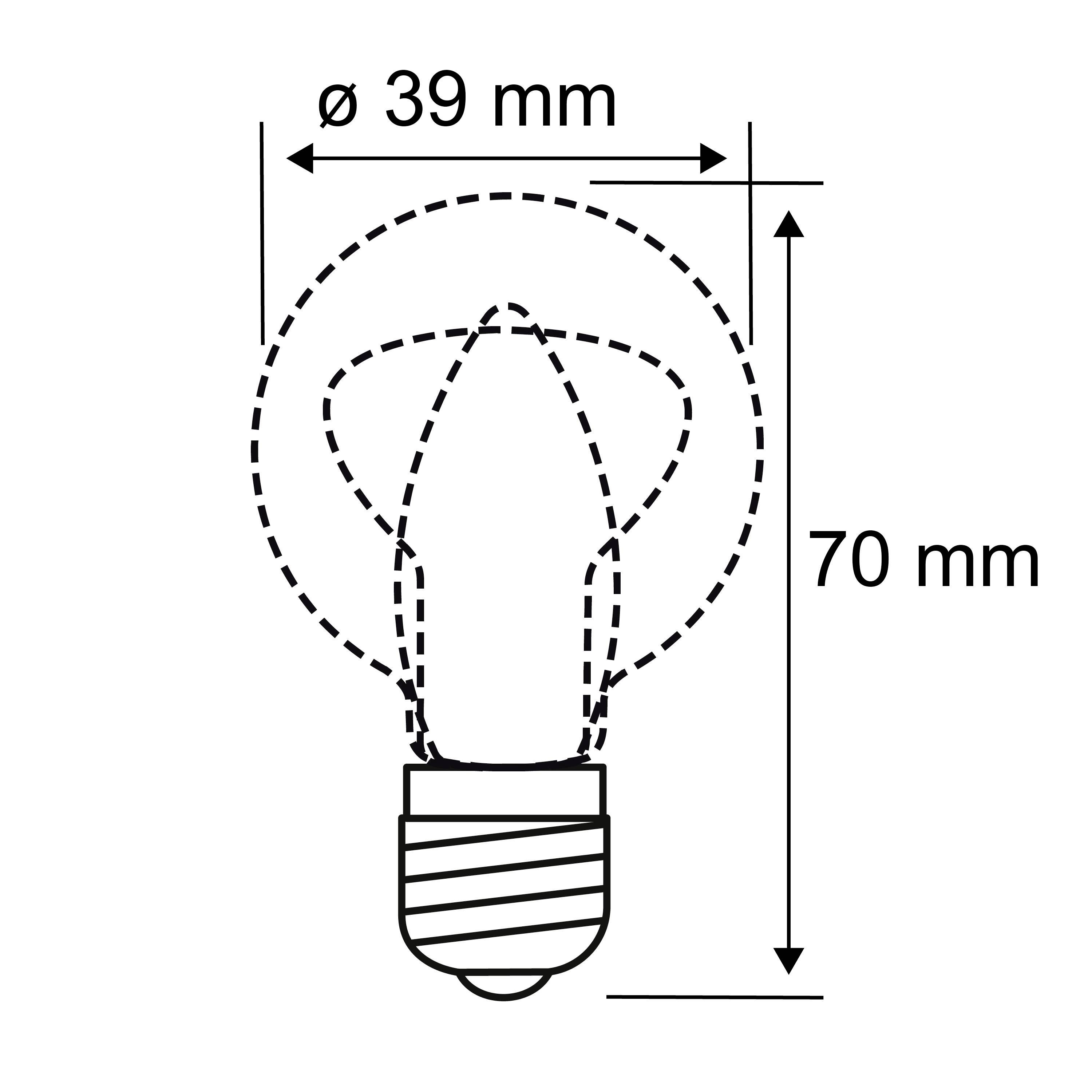'Glühbirne: Höhe 70 mm, Durchmesser 39 mm.' Diagramm zeigt die Abmessungen der Glühbirne.