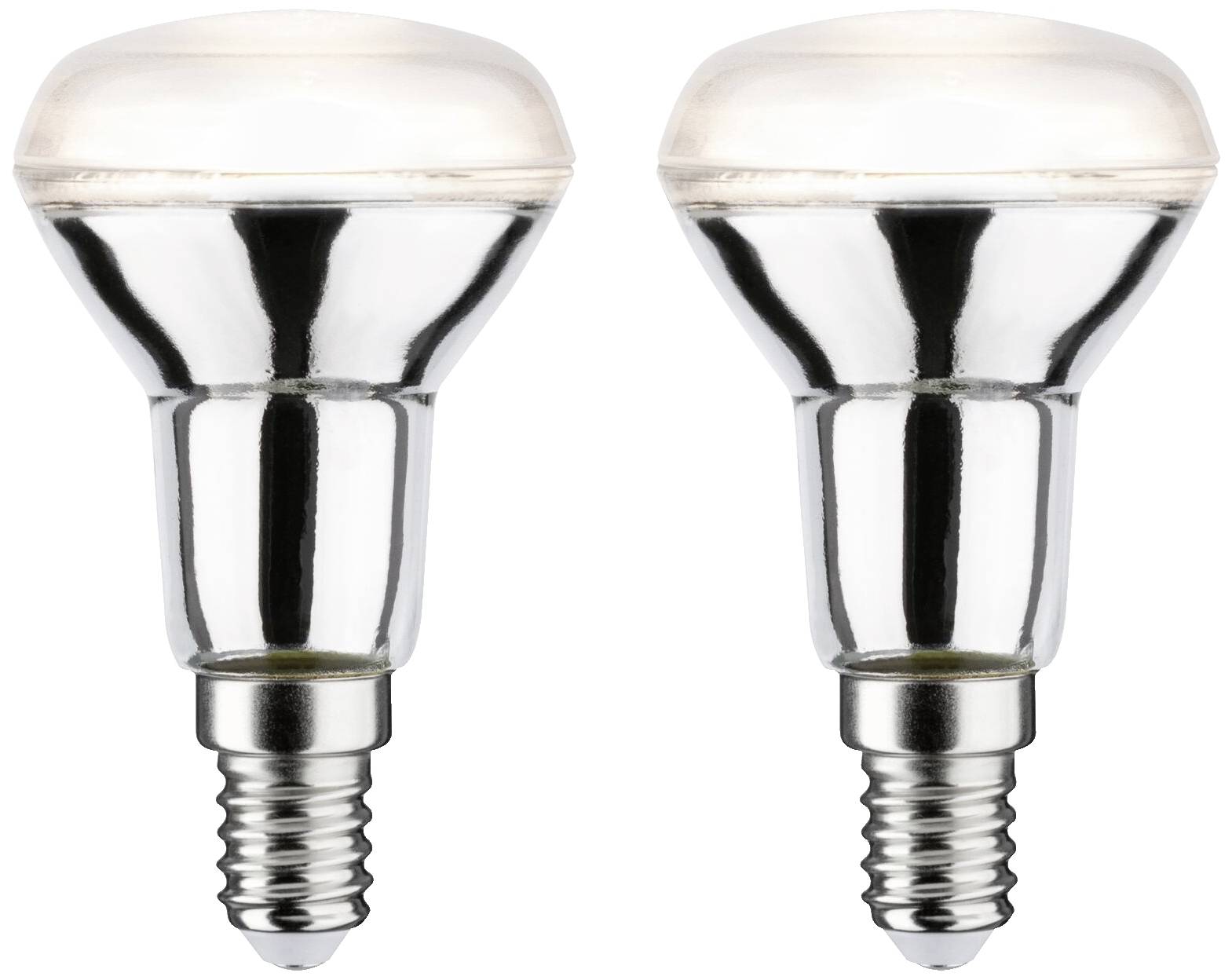 Zwei silberne LED-Lampen mit E14-Sockel, nebeneinander stehend, leuchten leicht in einem gedimmten Licht.