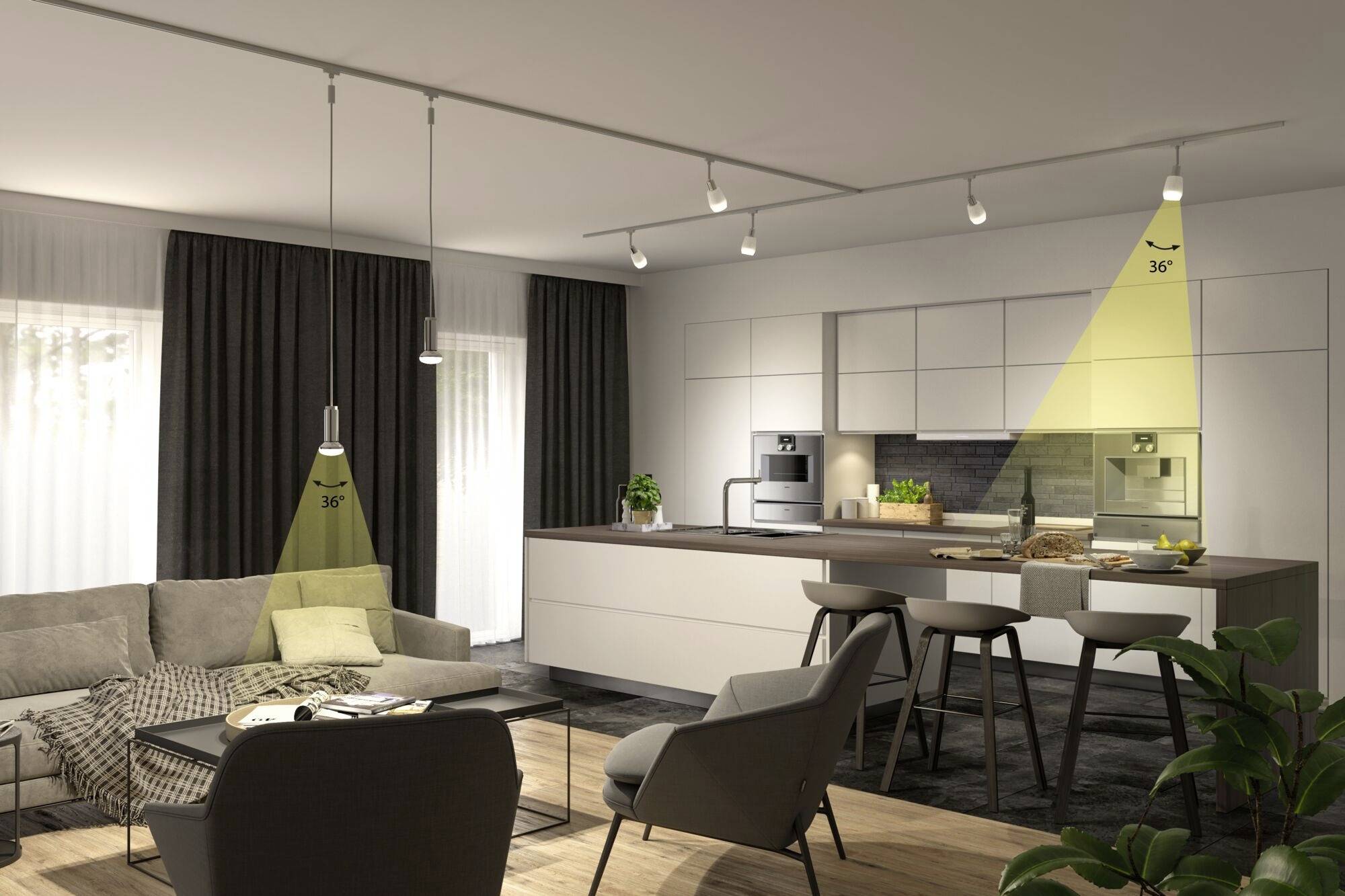 Moderne Küche und Wohnzimmer in einem offenen Raum. Helles Licht beleuchtet den Esstisch und die Couch. Schicke, neutrale Farben.