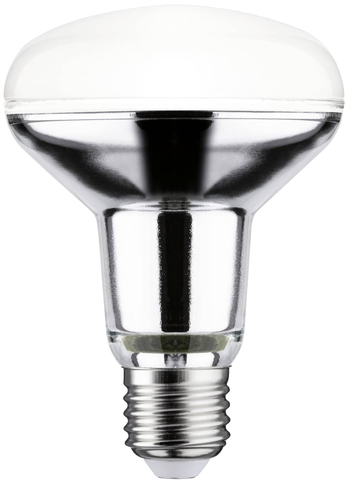 Eine silberne Glühbirne mit einer reflektierenden Oberfläche und Schraubsockel, ideal für gerichtete Beleuchtung in Innenräumen.