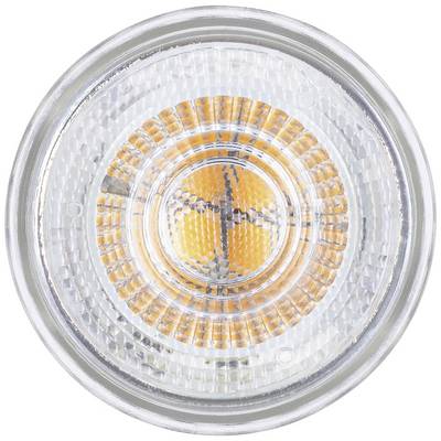 Ein LED-Licht in Nahaufnahme, das konzentrische, orangefarbene Muster im Inneren zeigt.