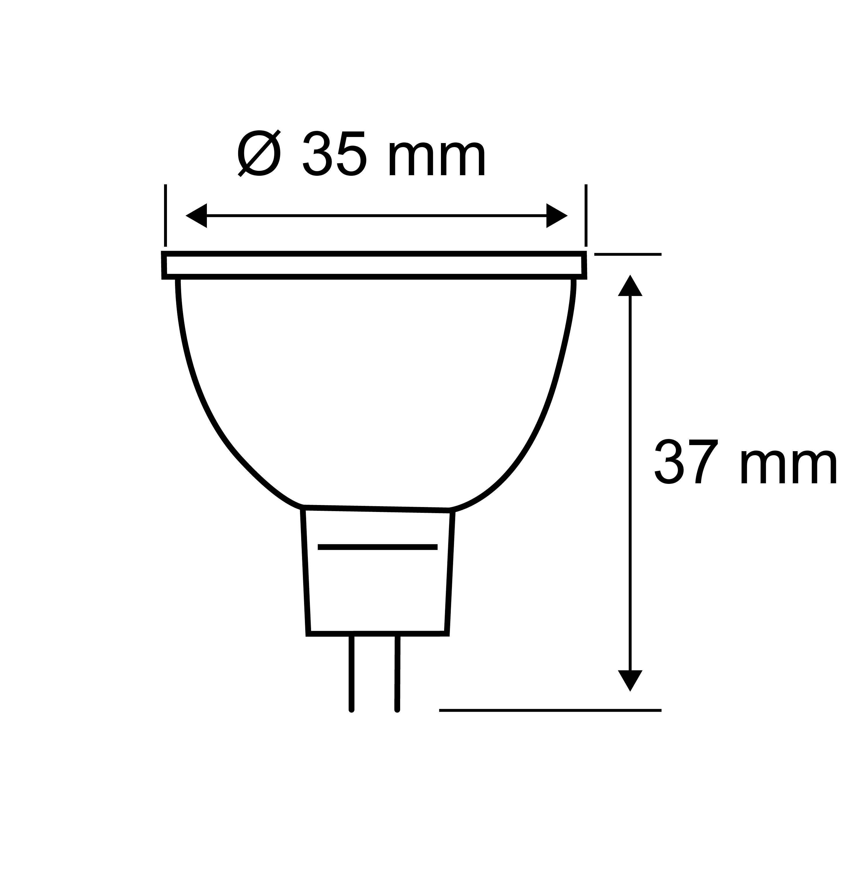 Zeichnung einer GU10 LED-Lampe mit 35 mm Durchmesser und 37 mm Höhe.