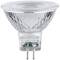 Eine Halogen-Glühlampe mit einem klaren Glasgehäuse und zwei Pin-Anschlüssen. Geeignet für Punktbeleuchtung in Wohnräumen.