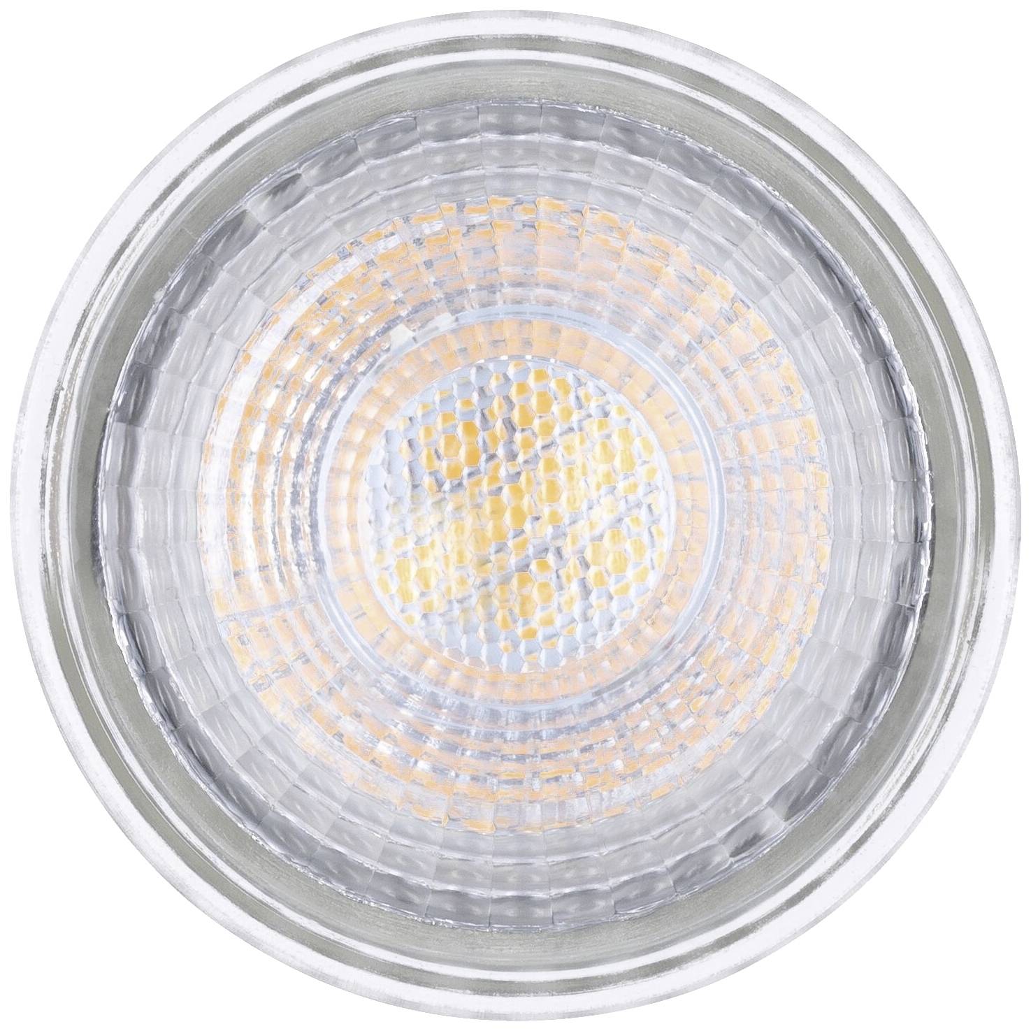 Ein LED-Leuchtmittel in der Nahaufnahme, zeigt das strukturiert gitterartige Innenleben mit einem zentralen gelben Punkt.